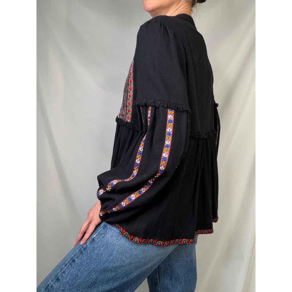 New Zara Beaded Folk Embroidered Tassel‎ Boho Blouse Balloon Sleeve Top NWT M